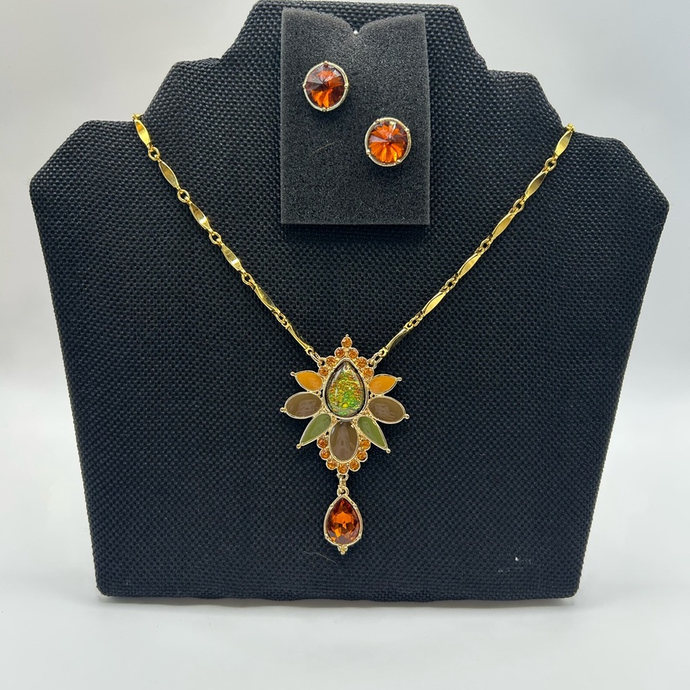 Gold-Tone Faux Opal Pendant Necklace and Burnt Orange Stud Earrings Set